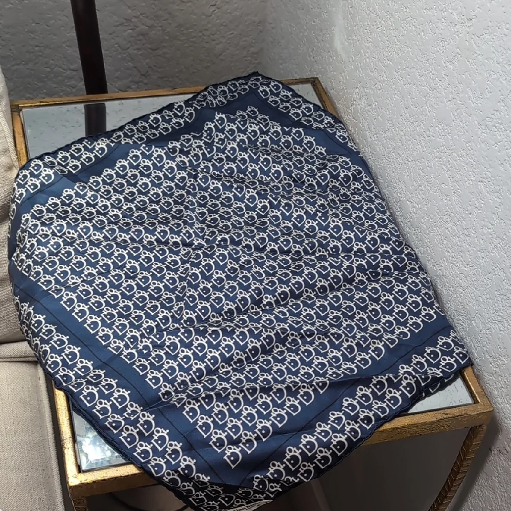 Vintage Christian Dior Pure Silk Navy and White Monogram Print Scarf